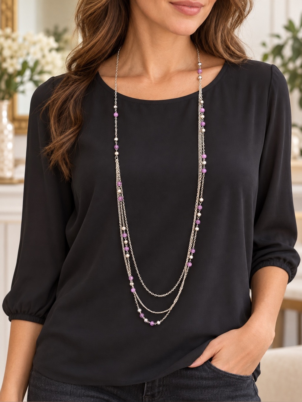 Layered Necklace with Purple Beads